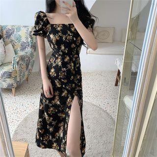 Vintage Floral Print Square-neck Slit Dress