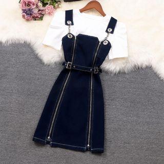 Set: Short-sleeve T-shirt + Denim Mini A-line Overall Dress