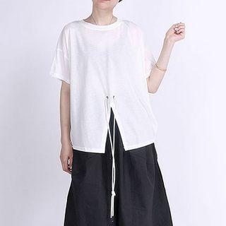 Plain Short-sleeve Slit Lace-up T-shirt