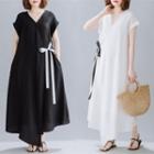 Short-sleeve Wrap Asymmetrical Maxi A-line Dress