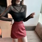 Long-sleeve Fishnet Panel Top / Faux Leather Mini Pencil Skirt