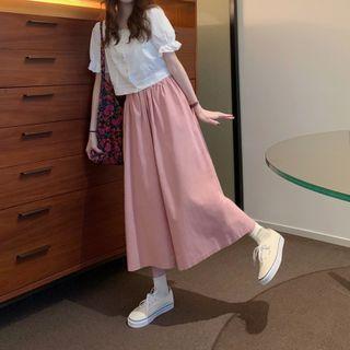 Lace Panel Short-sleeve Crop Blouse / Wide Leg Pants
