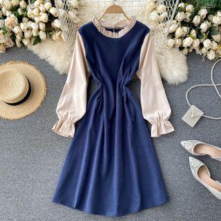 Color Block Panel Puff-sleeve Dress