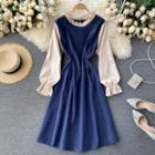 Color Block Panel Puff-sleeve Dress