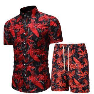 Set: Short-sleeve Leaf Print Shirt + Shorts