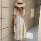 Puff-sleeve Square Neck Tie-dyed Midi A-line Dress Almond & Blue - One Size