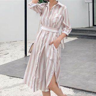 Striped 3/4-sleeve Midi Shirt Dress