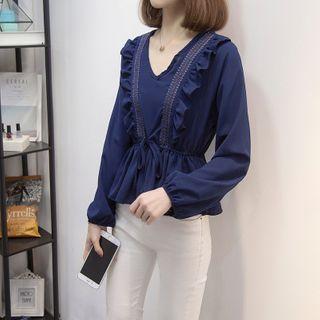 Long-sleeve Ruffled Drawstring Peplum Top