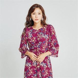 Knot-front Puff-shoulder Floral Maxi Dress