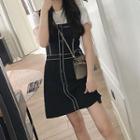 Set: Plain Short-sleeve T-shirt + Contrast Trim Jumper Dress