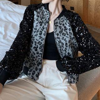 Leopard Print Panel Sequined Jacket As Shown In Figure - One Size