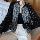 Leopard Print Panel Sequined Jacket As Shown In Figure - One Size