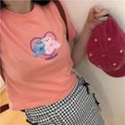 Cartoon Bear Embroidered Cropped T-shirt