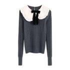 Collared Ribbon Tie-neck Ribbed Knit Top