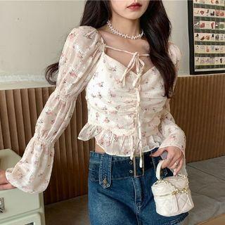 Bell-sleeve Floral Chiffon Blouse Pink Floral - Beige - One Size