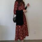 Long-sleeve Floral A-line Long Dress Red-dress - One Size