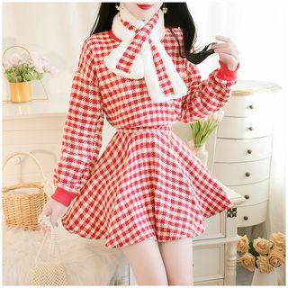Set: Plaid Pullover + Scarf + Mini Plaid A-line Skirt