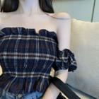 Off-shoulder Plaid Smocked Blouse As Shown In Figure - One Size