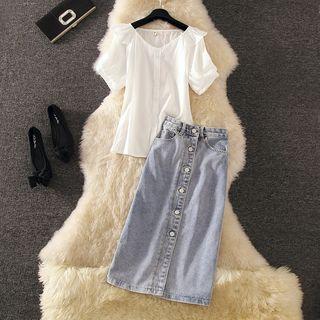 Short-sleeve Shirt / Denim Midi Skirt / Set