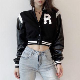 Letter Embroidered Crop Baseball Jacket