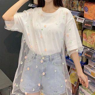 Flower Embroidered Mesh Overlay Elbow-sleeve T-shirt