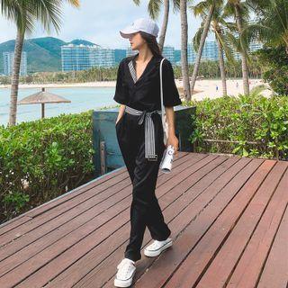 Short Sleeve Collared Striped Panel Straight Leg Jumpsuit