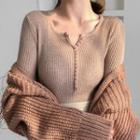 Long-sleeve Buttoned Placket Ribbed Knit Top