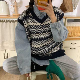 Pattern Printed Knit Vest / Long-sleeve Denim Shirt