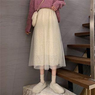 Mesh Overlay Lace Midi A-line Skirt