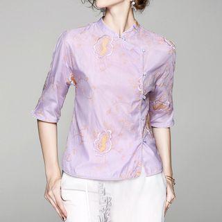 Elbow-sleeve Embroidered Cheongsam Top