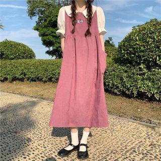 Short-sleeve Bow Detail Blouse / Cow Embroidered Midi Overall Dress