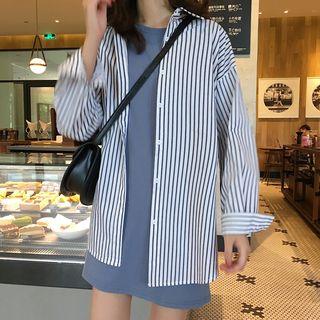 Crew-neck Short-sleeve T-shirt Dress / Striped Shirt