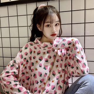 Turtleneck Long-sleeve Strawberry Print Top