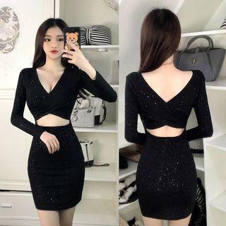 Long-sleeve Cut Out Glitter Mini Bodycon Dress