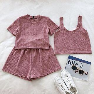 Set:plain Crewneck Short-sleeve Top + Striped Tank Top + High-waist Shorts