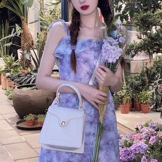 Tie-strap Ruffle Trim Tie Dye Dress