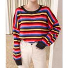 Drop-shoulder Color-block Knit Top Rainbow - One Size