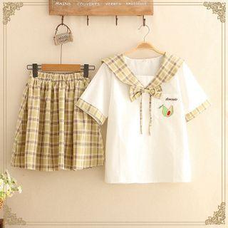 Avocado Embroidered Sailor Collar Top / Gingham Mini Skirt