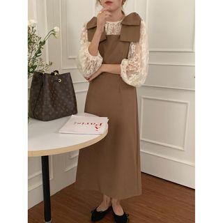Set: Balloon-sleeve Lace Blouse + Maxi A-line Overall Dress