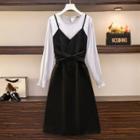 Long Sleeve Tie-waist Mock Two Piece Dress