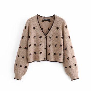 V-neck Knit Cardigan With Flower Embroidery