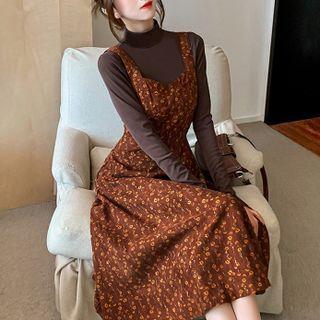 Set: Long-sleeve Top + Spaghetti Strap Floral Print Midi A-line Dress
