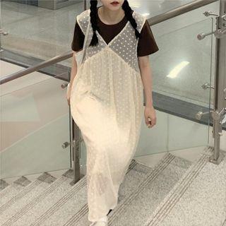Short-sleeve T-shirt / Dotted Midi Overall Dress