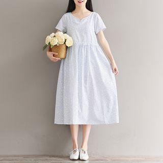 Star Print Striped Short-sleeve A-line Midi Dress