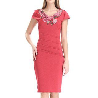 Flower Applique Short-sleeve Midi Sheath Dress