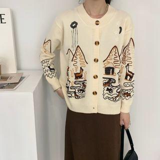 Round-neck Print Color Block Cardigan