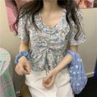 Floral Print Drawstring Square-neck Short-sleeve Shirt