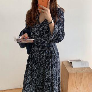 Long-sleeve Floral Print A-line Midi Dress Dark Blue - One Size