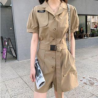 Puff Sleeve Plain Cargo Romper