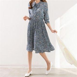 Tie-front Pleated Floral Midi Dress